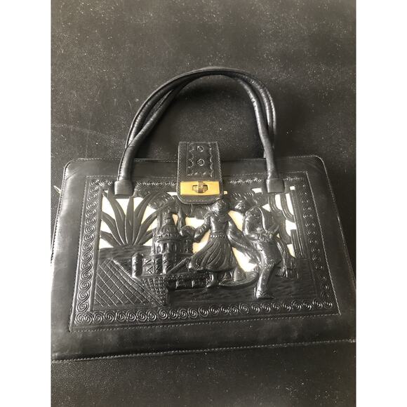 Handmade Handbags - Vintage Leather Tooled Black Purse Gold Metal Clasp 3D Two Tone Image